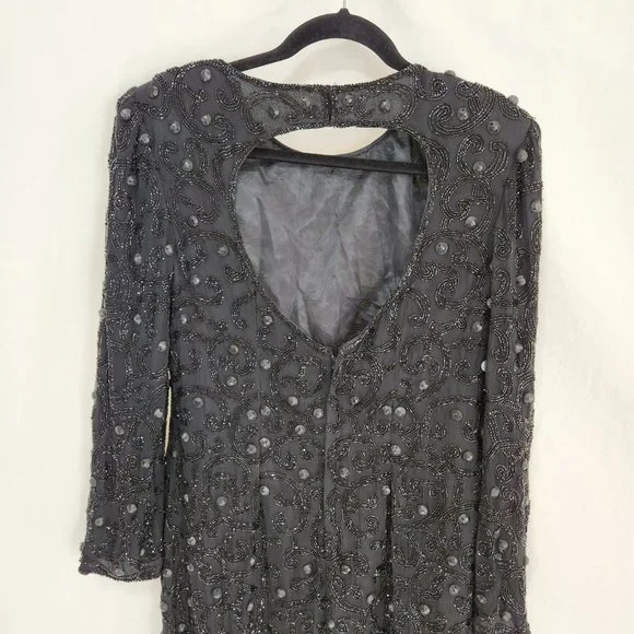 Vintage JOAN LESLIE Hollywood-Fairy-Tale Beaded Black Silk Sheath Dress Size 10. - Picture 7 of 16